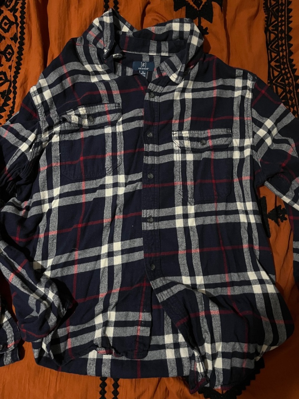 Navy Plaid Button-Up Shirt with Chest Pockets